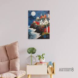 "Artery8 Seaside Cliff Village Houses Folk Art Canvas Wall Art Print in Blue - Size: W18"" x H24""" - thumbnail 3