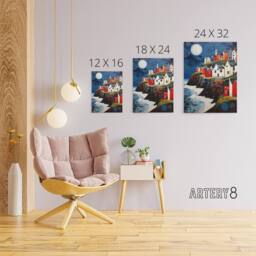 "Artery8 Seaside Cliff Village Houses Folk Art Canvas Wall Art Print in Blue - Size: W18"" x H24""" - thumbnail 4