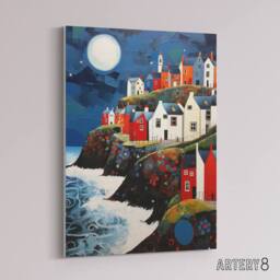 "Artery8 Seaside Cliff Village Houses Folk Art Canvas Wall Art Print in Blue - Size: W18"" x H24""" - thumbnail 2