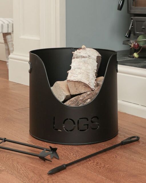 Dibor Country Fireside Log Storage & Kindling Bucket with Poker & Tongs in Black - image 1