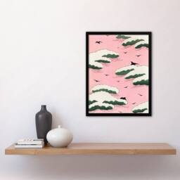 Artery8 Shin Bijutsukai Framed Wall Art Print Pink Sky With Clouds & Birds - Size: A4 - thumbnail 2