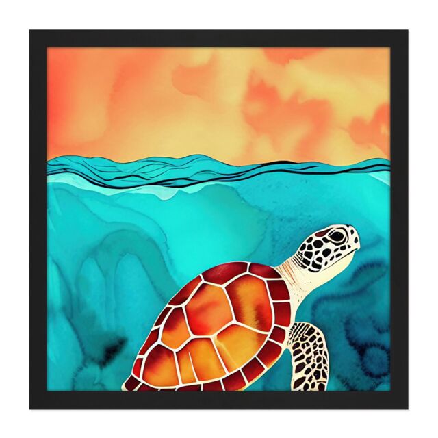 "Artery8 Wall Art Print Red Shelled Loggerhead Sea Turtle Square Framed Picture 16X16 Inch in Black - Size: W16"" x H16""" - image 1