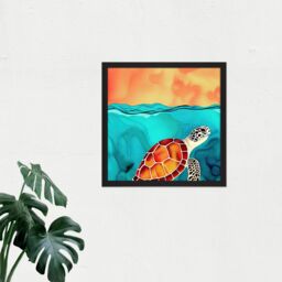"Artery8 Wall Art Print Red Shelled Loggerhead Sea Turtle Square Framed Picture 16X16 Inch in Black - Size: W16"" x H16""" - thumbnail 2