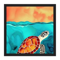 "Artery8 Wall Art Print Red Shelled Loggerhead Sea Turtle Square Framed Picture 16X16 Inch in Black - Size: W16"" x H16""" - thumbnail 1