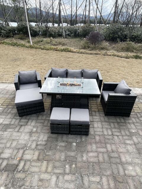 Fimous Outdoor PE Rattan Garden Furniture Gas Fire Pit Dining Table Armchairs With 3 Stools Dark Grey Mixed - image 1