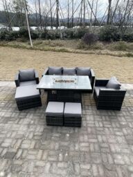 Fimous Outdoor PE Rattan Garden Furniture Gas Fire Pit Dining Table Armchairs With 3 Stools Dark Grey Mixed - thumbnail 3