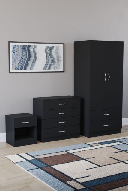 Home Discount Vida Designs Riano 3 Piece Bedroom Set with 4 Drawer Chest & Wardrobe in Black - image 1