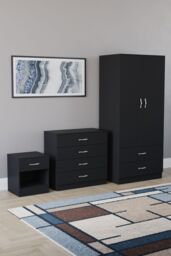 Home Discount Vida Designs Riano 3 Piece Bedroom Set with 4 Drawer Chest & Wardrobe in Black - thumbnail 1