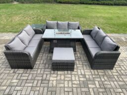 Fimous Rattan Furniture Garden Dining Set Gas Fire Pit Table With Side Table 3 Seater Sofa Footstool Dark Grey Mixed - thumbnail 1