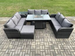 Fimous Rattan Furniture Garden Dining Set Gas Fire Pit Table With Side Table 3 Seater Sofa Footstool Dark Grey Mixed - thumbnail 3
