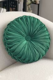 Living and Home 40cm Green Round Velvet Pleated Pumpkin Cushion in Dark Green