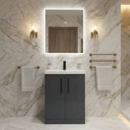 Balterley Modern Bathroom 2 Soft Close Door Vanity Unit Basin, Dark Grey, 600mm in Grey - thumbnail 2