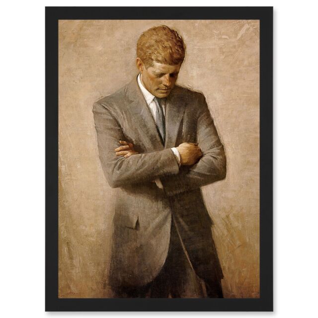 Artery8 Shikler Official Portrait US President John Kennedy JFK Painting Artwork Framed Wall Art Print A4 in Black - image 1