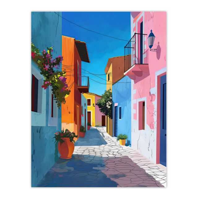 "Artery8 Colourful Houses Italian Village Street Painting Wall Art Print - Size: W18"" x H24""" - image 1