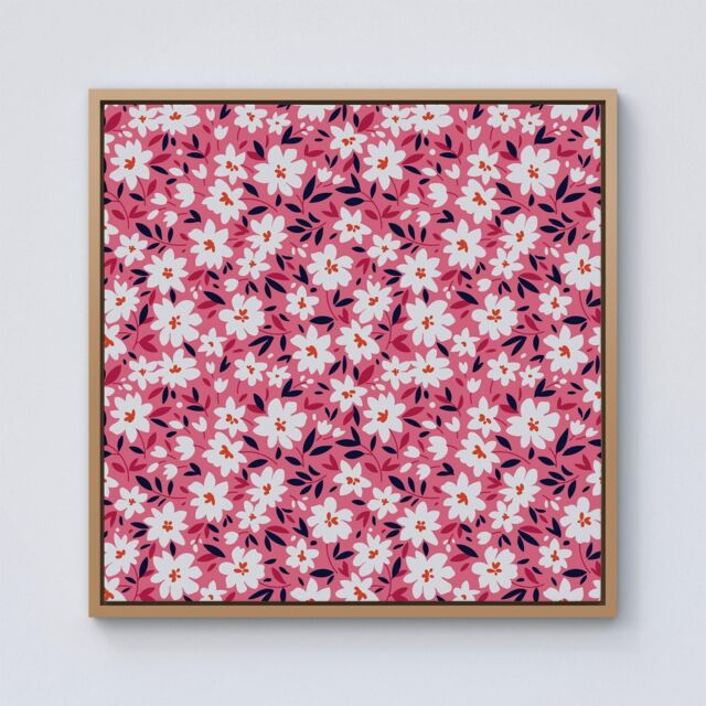"Warren Reed - Designer Small Cute White Flower Pattern Framed Canvas in Light Brown - Size: W30"" x H30""" - image 1