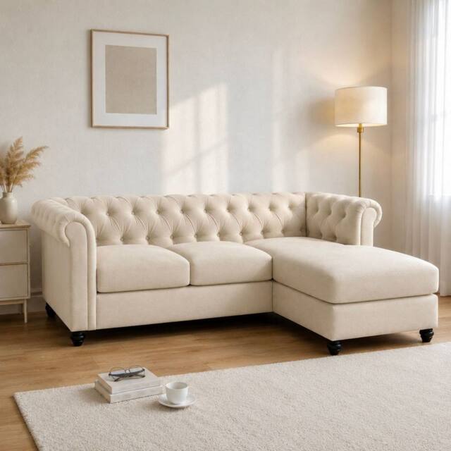 Sofaya Hampton 3 Seater L Shape Chesterfield Sofa Velvet Right Hand Chaise in Cream - image 1