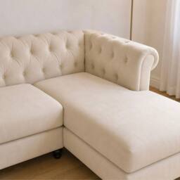 Sofaya Hampton 3 Seater L Shape Chesterfield Sofa Velvet Right Hand Chaise in Cream - thumbnail 4