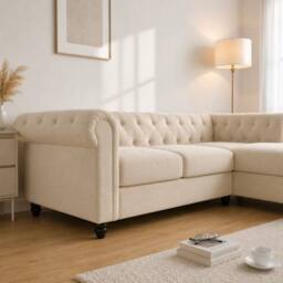 Sofaya Hampton 3 Seater L Shape Chesterfield Sofa Velvet Right Hand Chaise in Cream - thumbnail 2