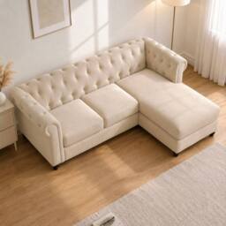 Sofaya Hampton 3 Seater L Shape Chesterfield Sofa Velvet Right Hand Chaise in Cream - thumbnail 3
