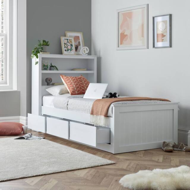 Bedmaster Enzo Wooden 3 Drawer Bookcase Bed & Pocket Mattress in White - Size: Single - image 1
