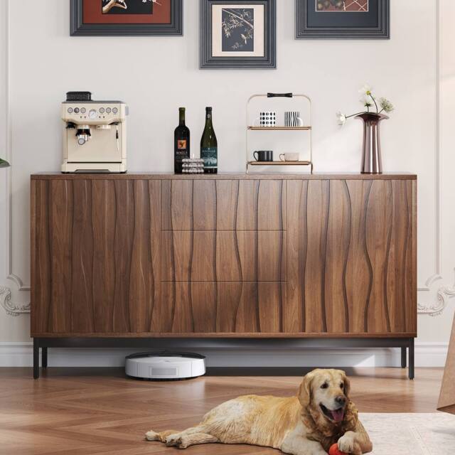 Merax Dark Oak Effect Sideboard Buffet Cabinet with 3 Drawers & Shelves in Walnut - image 1