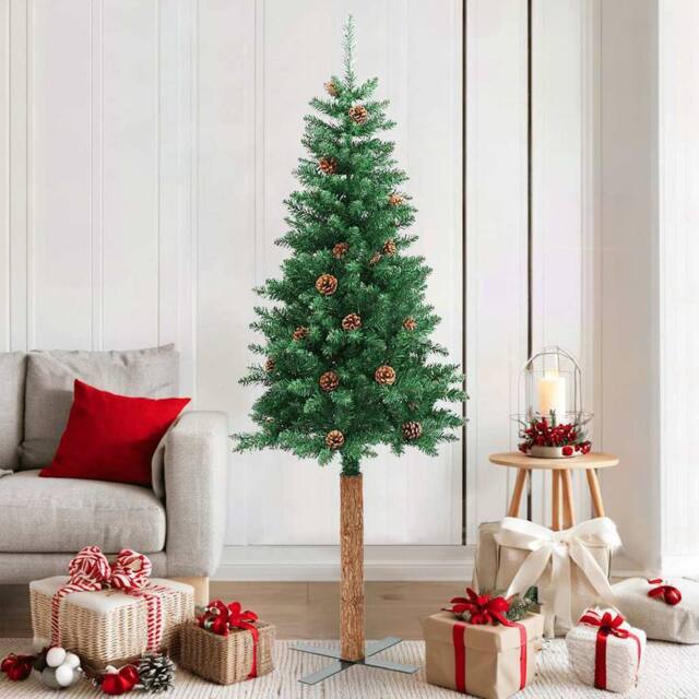 Berkfield Home Slim Christmas Tree with Real Wood & Cones Green 180 cm PVC - image 1