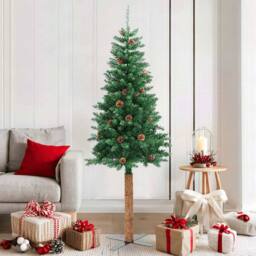 Berkfield Home Slim Christmas Tree with Real Wood & Cones Green 180 cm PVC - thumbnail 1
