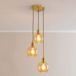 ValueLights Bellamy Amber Glass Globe 3 Drop Cluster Gold Ceiling Pendant Light with Bulbs