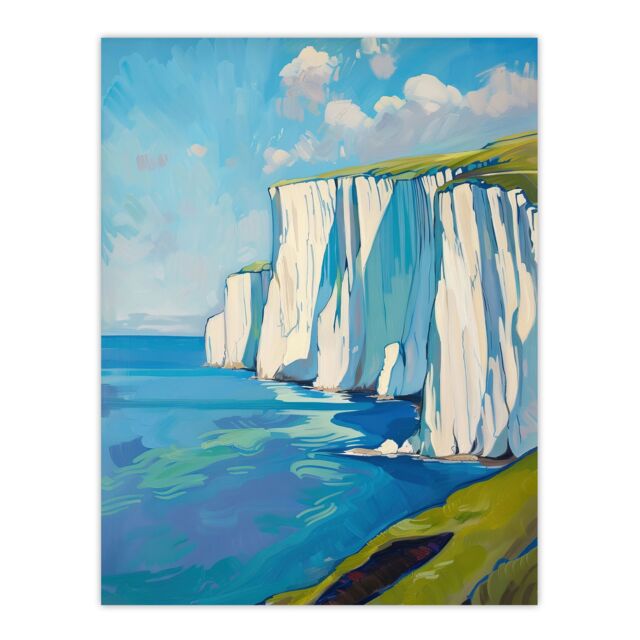 "Artery8 White Cliffs of Dover Coastal Landscape Painting Wall Art Print in Blue - Size: W24"" x H32""" - image 1