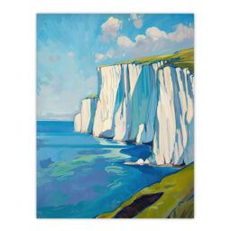 "Artery8 White Cliffs of Dover Coastal Landscape Painting Wall Art Print in Blue - Size: W24"" x H32""" - thumbnail 1