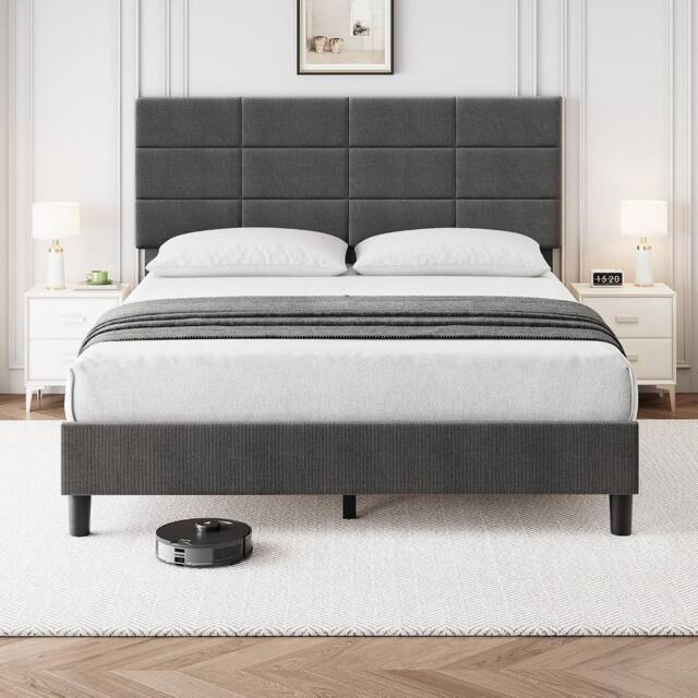 London Boutique Upholstered Linen Bed Frame 190 x 135 x 110cm Platform Bed w/Headboard in Grey - Size: 190 x 135 x 110 cm - image 1