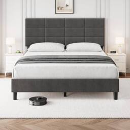 London Boutique Upholstered Linen Bed Frame 190 x 135 x 110cm Platform Bed w/Headboard in Grey - Size: 190 x 135 x 110 cm