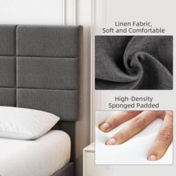 London Boutique Upholstered Linen Bed Frame 190 x 135 x 110cm Platform Bed w/Headboard in Grey - Size: 190 x 135 x 110 cm - thumbnail 6