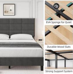 London Boutique Upholstered Linen Bed Frame 190 x 135 x 110cm Platform Bed w/Headboard in Grey - Size: 190 x 135 x 110 cm - thumbnail 7