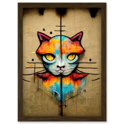 Artery8 Vibrant Symmetrical Street Art Mural Graffiti Cat Artwork Framed Wall Art Print A4 in Brown - thumbnail 1