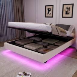 Matteo Double Floating Bed Frame - Hydraulic Storage, Smart LED, No Headboard in Beige - thumbnail 5