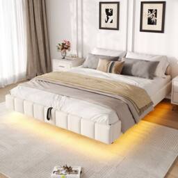 Matteo Double Floating Bed Frame - Hydraulic Storage, Smart LED, No Headboard in Beige - thumbnail 4
