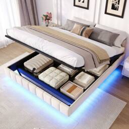 Matteo Double Floating Bed Frame - Hydraulic Storage, Smart LED, No Headboard in Beige - thumbnail 2