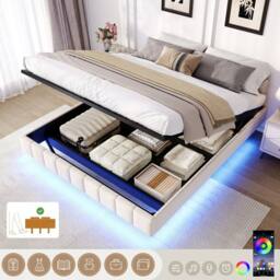 Matteo Double Floating Bed Frame - Hydraulic Storage, Smart LED, No Headboard in Beige