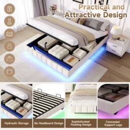 Matteo Double Floating Bed Frame - Hydraulic Storage, Smart LED, No Headboard in Beige - thumbnail 6