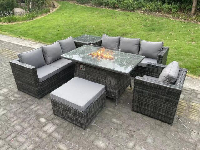 Fimous Rattan Garden Furniture Sofa Set Outdoor Patio Gas Fire Pit Dining Table Gas Heater Burner Side Table in Dark Grey - image 1