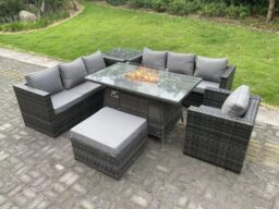 Fimous Rattan Garden Furniture Sofa Set Outdoor Patio Gas Fire Pit Dining Table Gas Heater Burner Side Table in Dark Grey - thumbnail 1