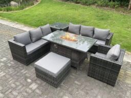 Fimous Rattan Garden Furniture Sofa Set Outdoor Patio Gas Fire Pit Dining Table Gas Heater Burner Side Table in Dark Grey - thumbnail 3