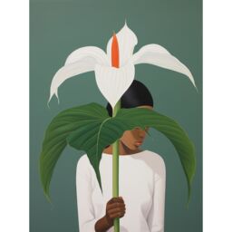 Artery8 Wall Art Print Giant Peace Lily Showcase Realistic Oil Painting White Teal Green Woman with Flower Minimalist Artwork Poster - thumbnail 1