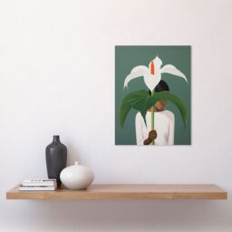 Artery8 Wall Art Print Giant Peace Lily Showcase Realistic Oil Painting White Teal Green Woman with Flower Minimalist Artwork Poster - thumbnail 2