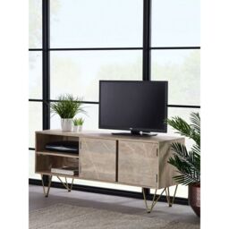 Indian Hub Light Gold Plasma Media Unit - Solid Mango Wood - L45 x W140 x H60 cm in Brown - thumbnail 5
