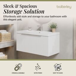 Balterley Fluted Wall Hung 1 Drawer Vanity Basin Unit & Basin 800mm, Satin White - thumbnail 2