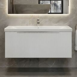 Balterley Fluted Wall Hung 1 Drawer Vanity Basin Unit & Basin 800mm, Satin White - thumbnail 9