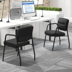 Gymax Set of 2 Office Chair Upholstered PU Conference Room Chairs No Wheels in Black - thumbnail 2