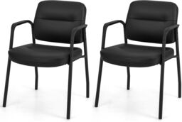 Gymax Set of 2 Office Chair Upholstered PU Conference Room Chairs No Wheels in Black - thumbnail 1